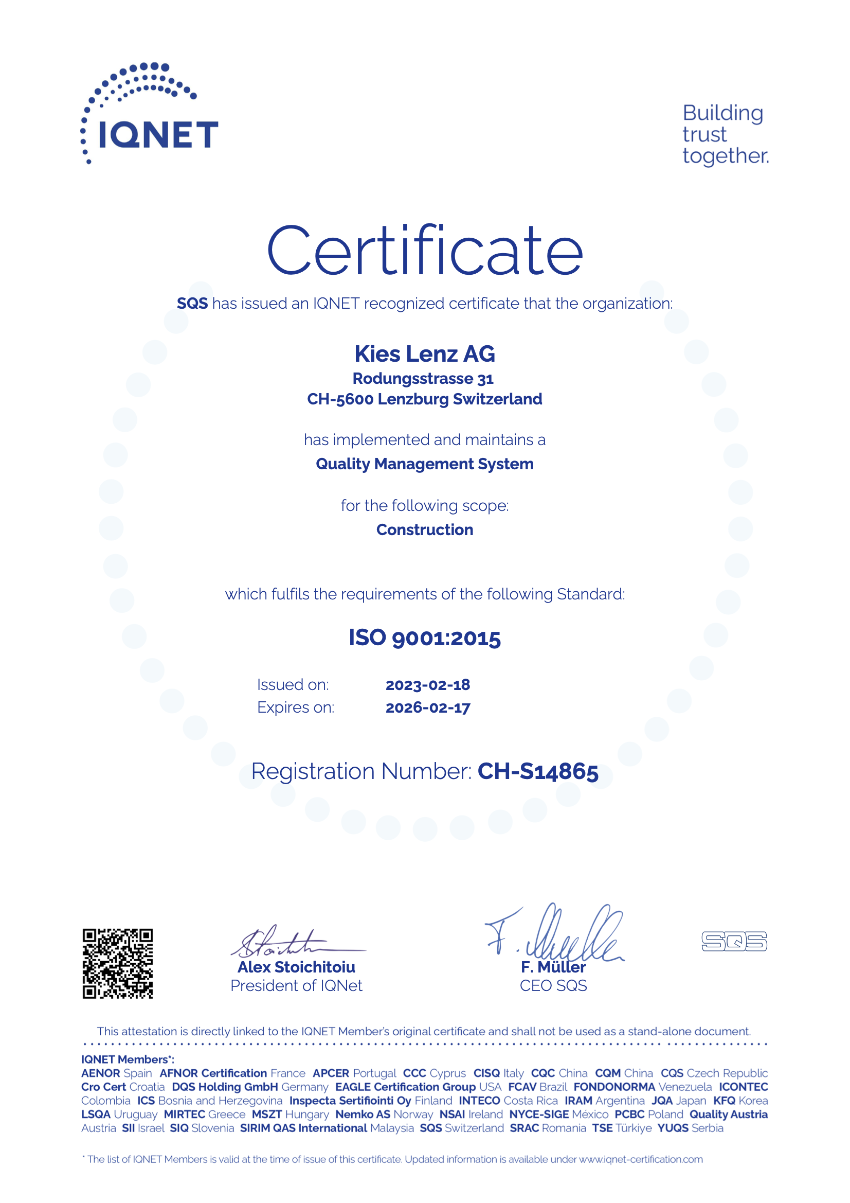 Zertifikat IQNET Quality Management System
