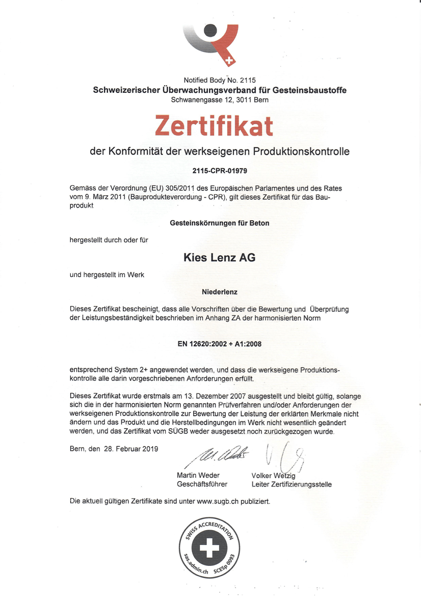 Zertifikat SÜGB Gesteinskörnung für Beton Werk Niederlenz